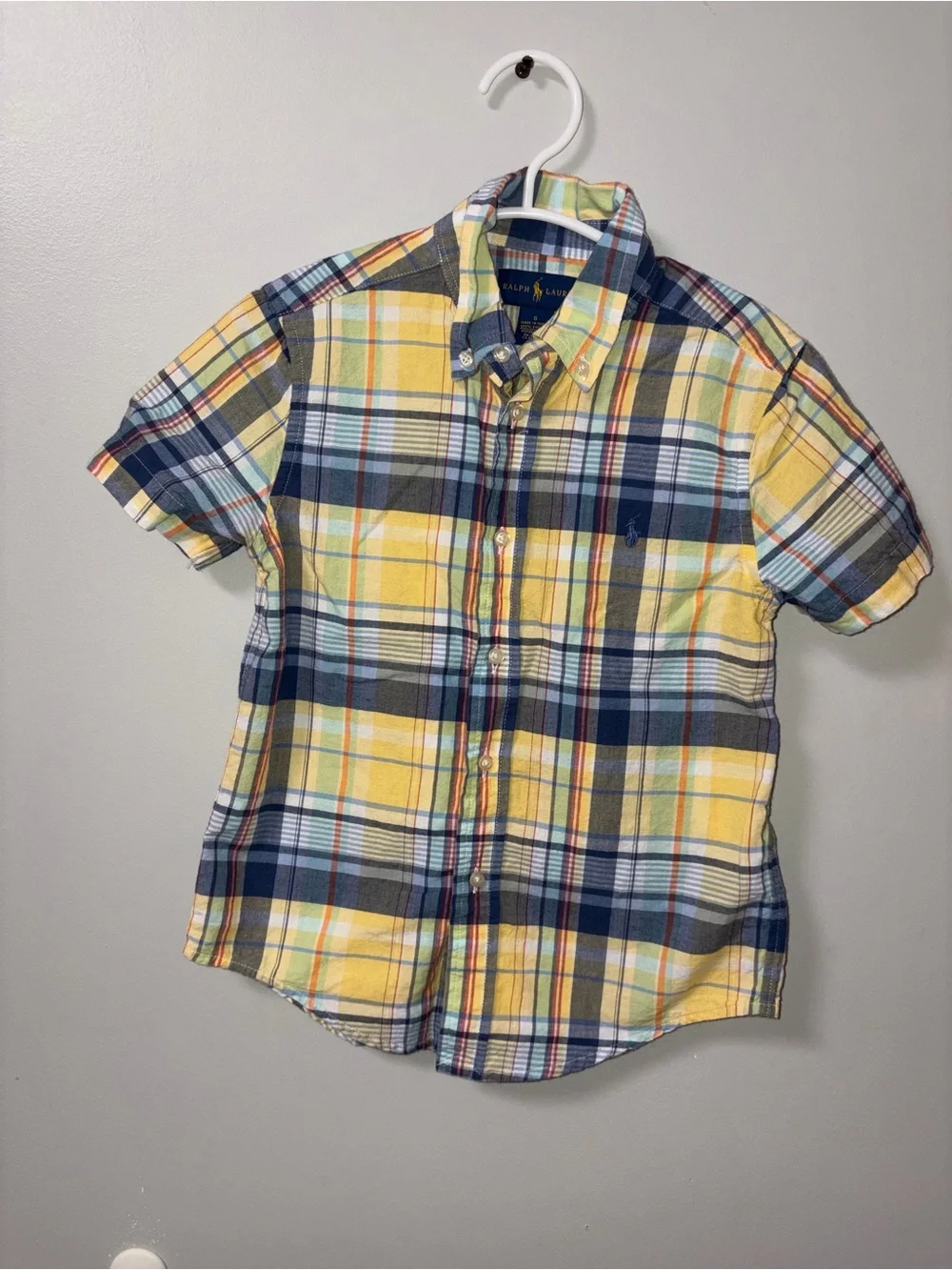 Ralph Lauren Yellow & Blue Plaid Short Sleeve Collared Button Down Shirt Boys 6
